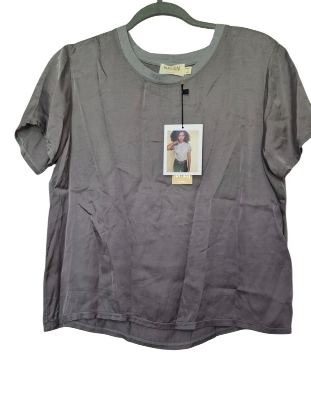 NWT Nation LTD Size Small Marie Boxy Crew Sateen Smoke Gray Soft Casual Top